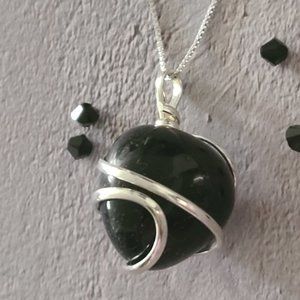 Black Agate and Silver-Plated Pendant on a Chain